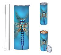 JKASDTRP 20oz Tumbler Stainless Steel Insulated Travel Tumblers Leakproof Travel Coffee Mug With Lid And Straw Blue Odonata Pattern Drink Tumbler Cups Gifts For Women Men Lovers