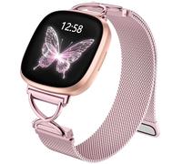 JKD Bands Compatible with Fitbit Versa 4/Sense 2 Bands for Women Men, Metal Mesh Straps X-Shape Stainless Steel Band Wristband Replacement Accessories for Fitbit Versa 3/Sense Smartwatch, Rose Pink