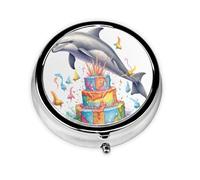 JKDGOJ Birthday Dolphin Pattern Round Mini Pill Box with 3 compartments for Pill Storage and Portable Travel