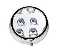 JKDGOJ Blue Owl Pattern Round Mini Pill Box with 3 compartments for Pill Storage and Portable Travel