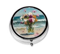 JKDGOJ Bouquet of Flowers on The Beach Pattern Round Mini Pill Box with 3 compartments for Pill Storage and Portable Travel