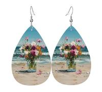 JKDGOJ Bouquet of flowers on the beach Pattern Water droplet pendant earrings and leather earrings, suitable as holiday birthday gifts for women