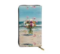 JKDGOJ Bouquet of flowers on the beach Prints Women's leather long handheld wallet large capacity credit card zipper bag