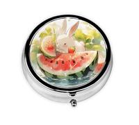 JKDGOJ Bunny in The Watermelon Pattern Round Mini Pill Box with 3 compartments for Pill Storage and Portable Travel