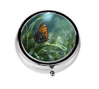 JKDGOJ Butterflies on The Grass Pattern Round Mini Pill Box with 3 compartments for Pill Storage and Portable Travel