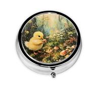 JKDGOJ Chicken Picking Mushrooms Pattern Round Mini Pill Box with 3 compartments for Pill Storage and Portable Travel
