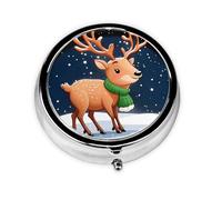 JKDGOJ Christmas Deer Under Snowflakes Pattern Round Mini Pill Box with 3 compartments for Pill Storage and Portable Travel