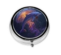 JKDGOJ Dolphin and Jellyfish Encounter Pattern Round Mini Pill Box with 3 compartments for Pill Storage and Portable Travel