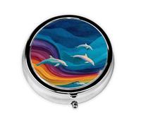 JKDGOJ Dolphins and Rainbow Waves Pattern Round Mini Pill Box with 3 compartments for Pill Storage and Portable Travel