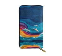 JKDGOJ Dolphins and Rainbow Waves Prints Women's leather long handheld wallet large capacity credit card zipper bag