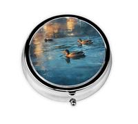 JKDGOJ Ducks on The Lake Pattern Round Mini Pill Box with 3 compartments for Pill Storage and Portable Travel