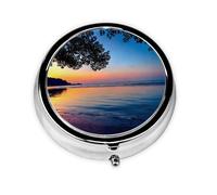 JKDGOJ Evening Sunset on The Beach Pattern Round Mini Pill Box with 3 compartments for Pill Storage and Portable Travel