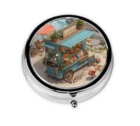 JKDGOJ Food Trucks on The Beach Pattern Round Mini Pill Box with 3 compartments for Pill Storage and Portable Travel