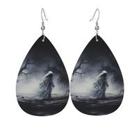 JKDGOJ Ghost by the dead tree Pattern Water droplet pendant earrings and leather earrings, suitable as holiday birthday gifts for women