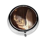 JKDGOJ Ghosts in The Corridor Pattern Round Mini Pill Box with 3 compartments for Pill Storage and Portable Travel