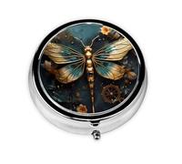 JKDGOJ Gold Color Delicate Dragonfly Flower Pattern Round Mini Pill Box with 3 compartments for Pill Storage and Portable Travel