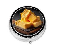 JKDGOJ Golden Butter Cheese Pattern Round Mini Pill Box with 3 compartments for Pill Storage and Portable Travel