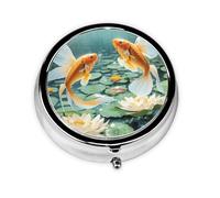 JKDGOJ Goldfish and Lotus Pattern Round Mini Pill Box with 3 compartments for Pill Storage and Portable Travel