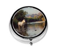 JKDGOJ Horses by The River Pattern Round Mini Pill Box with 3 compartments for Pill Storage and Portable Travel