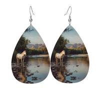 JKDGOJ Horses by the river Pattern Water droplet pendant earrings and leather earrings, suitable as holiday birthday gifts for women