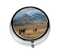 JKDGOJ Horses on The Grassland Pattern Round Mini Pill Box with 3 compartments for Pill Storage and Portable Travel