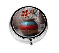JKDGOJ Little Flowers in The Painted Pottery Pattern Round Mini Pill Box with 3 compartments for Pill Storage and Portable Travel