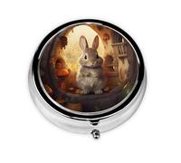 JKDGOJ Little Gray Rabbit in Mushrooms Pattern Round Mini Pill Box with 3 compartments for Pill Storage and Portable Travel