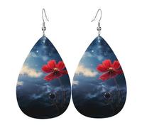 JKDGOJ Little red flower under the sky Pattern Water droplet pendant earrings and leather earrings, suitable as holiday birthday gifts for women