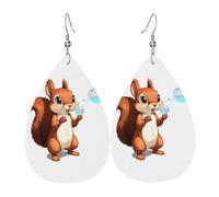 JKDGOJ Little squirrel playing with bubbles Pattern Water droplet pendant earrings and leather earrings, suitable as holiday birthday gifts for women