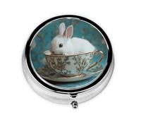 JKDGOJ Little White Rabbit in The Teacup Pattern Round Mini Pill Box with 3 compartments for Pill Storage and Portable Travel