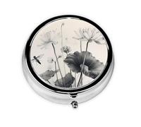 JKDGOJ Lotus Dragonfly Ink Painting Pattern Round Mini Pill Box with 3 compartments for Pill Storage and Portable Travel