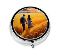 JKDGOJ Love in The Wheat Field Pattern Round Mini Pill Box with 3 compartments for Pill Storage and Portable Travel