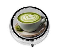JKDGOJ Matcha Latte Art Coffee Pattern Round Mini Pill Box with 3 compartments for Pill Storage and Portable Travel