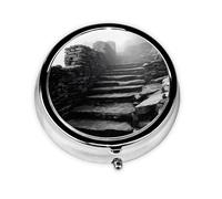 JKDGOJ Mountain Mist Over The Stone Steps Pattern Round Mini Pill Box with 3 compartments for Pill Storage and Portable Travel