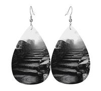 JKDGOJ Mountain mist over the stone steps Pattern Water droplet pendant earrings and leather earrings, suitable as holiday birthday gifts for women