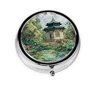 JKDGOJ Pavilion at The Pond Pattern Round Mini Pill Box with 3 compartments for Pill Storage and Portable Travel