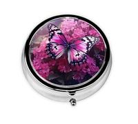 JKDGOJ Pink Flower Purple Butterfly Pattern Round Mini Pill Box with 3 compartments for Pill Storage and Portable Travel