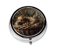 JKDGOJ Puppy in a Cradle Pattern Round Mini Pill Box with 3 compartments for Pill Storage and Portable Travel