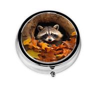 JKDGOJ Raccoon in The Fall Tree Hole Pattern Round Mini Pill Box with 3 compartments for Pill Storage and Portable Travel