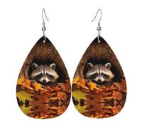 JKDGOJ Raccoon in The Fall Tree Hole Pattern Water droplet pendant earrings and leather earrings, suitable as holiday birthday gifts for women