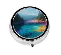JKDGOJ Rainbow Colored Lake Pattern Round Mini Pill Box with 3 compartments for Pill Storage and Portable Travel