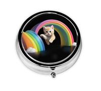 JKDGOJ Rainbow Meets a cat Pattern Round Mini Pill Box with 3 compartments for Pill Storage and Portable Travel