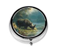 JKDGOJ Rhino on The River Bank Pattern Round Mini Pill Box with 3 compartments for Pill Storage and Portable Travel