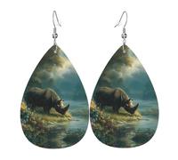 JKDGOJ Rhino on the river bank Pattern Water droplet pendant earrings and leather earrings, suitable as holiday birthday gifts for women