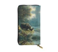 JKDGOJ Rhino on the river bank Prints Women's leather long handheld wallet large capacity credit card zipper bag
