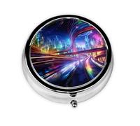 JKDGOJ Roads of The Future Pattern Round Mini Pill Box with 3 compartments for Pill Storage and Portable Travel