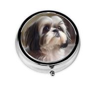 JKDGOJ Shih Tzu Dog Pattern Round Mini Pill Box with 3 compartments for Pill Storage and Portable Travel