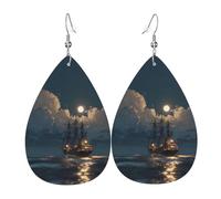 JKDGOJ Ships in the Moonlight Pattern Water droplet pendant earrings and leather earrings, suitable as holiday birthday gifts for women