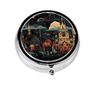 JKDGOJ Small Towns Pattern Round Mini Pill Box with 3 compartments for Pill Storage and Portable Travel