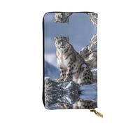 JKDGOJ Snow Leopard on the Mountain Prints Women's leather long handheld wallet large capacity credit card zipper bag